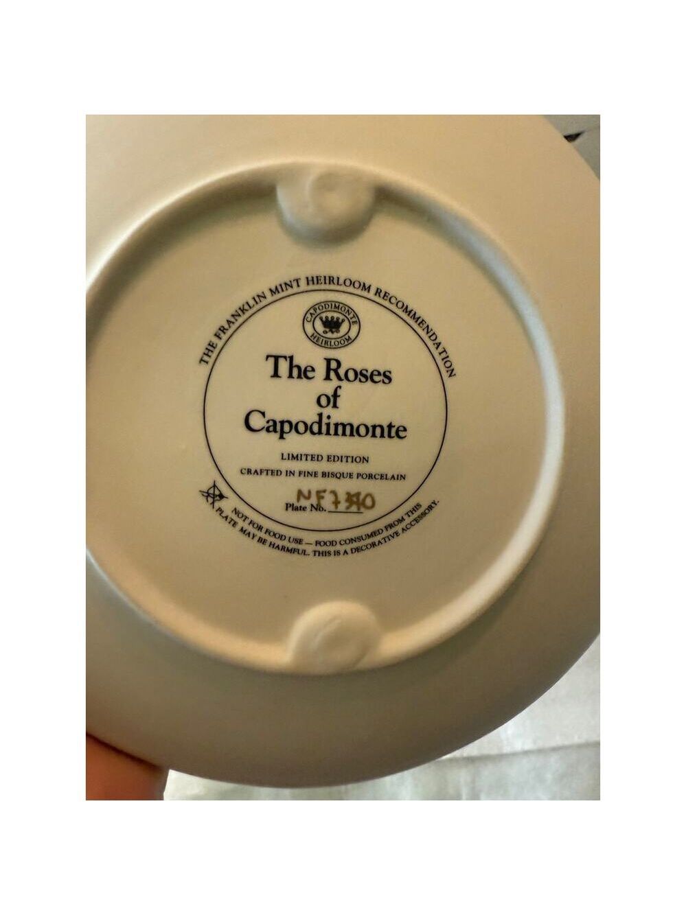 Franklin Mint “The Roses of Capodimonte” Limited Ed Plate/Bisque Porcelain